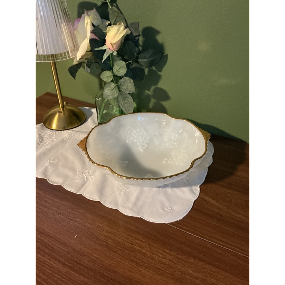 Anchor Hocking Grape Milk Glass Serving Bowl Gold Rim Handles Vintage